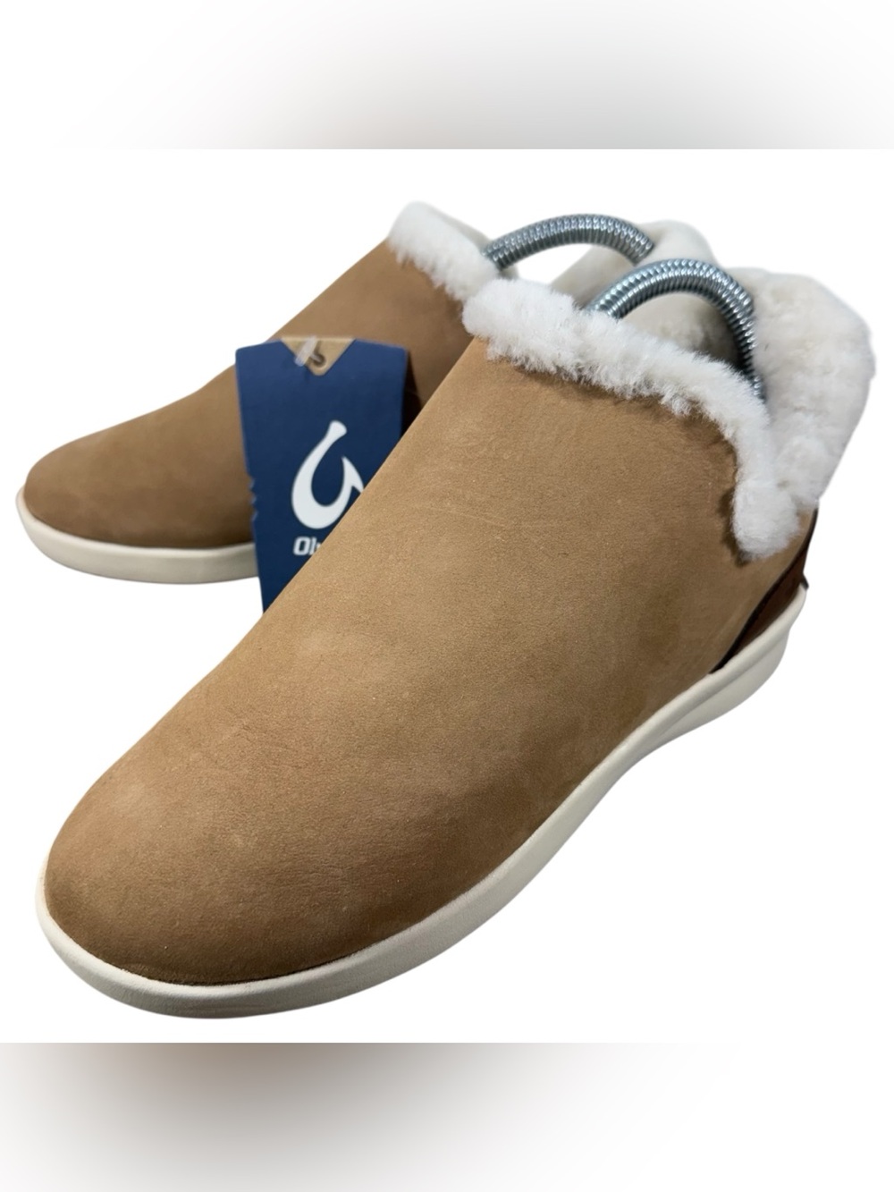OluKai Mālua Hulu Women's Leather Sheep Fur Ankle Booties Taupe Ivory Size 5